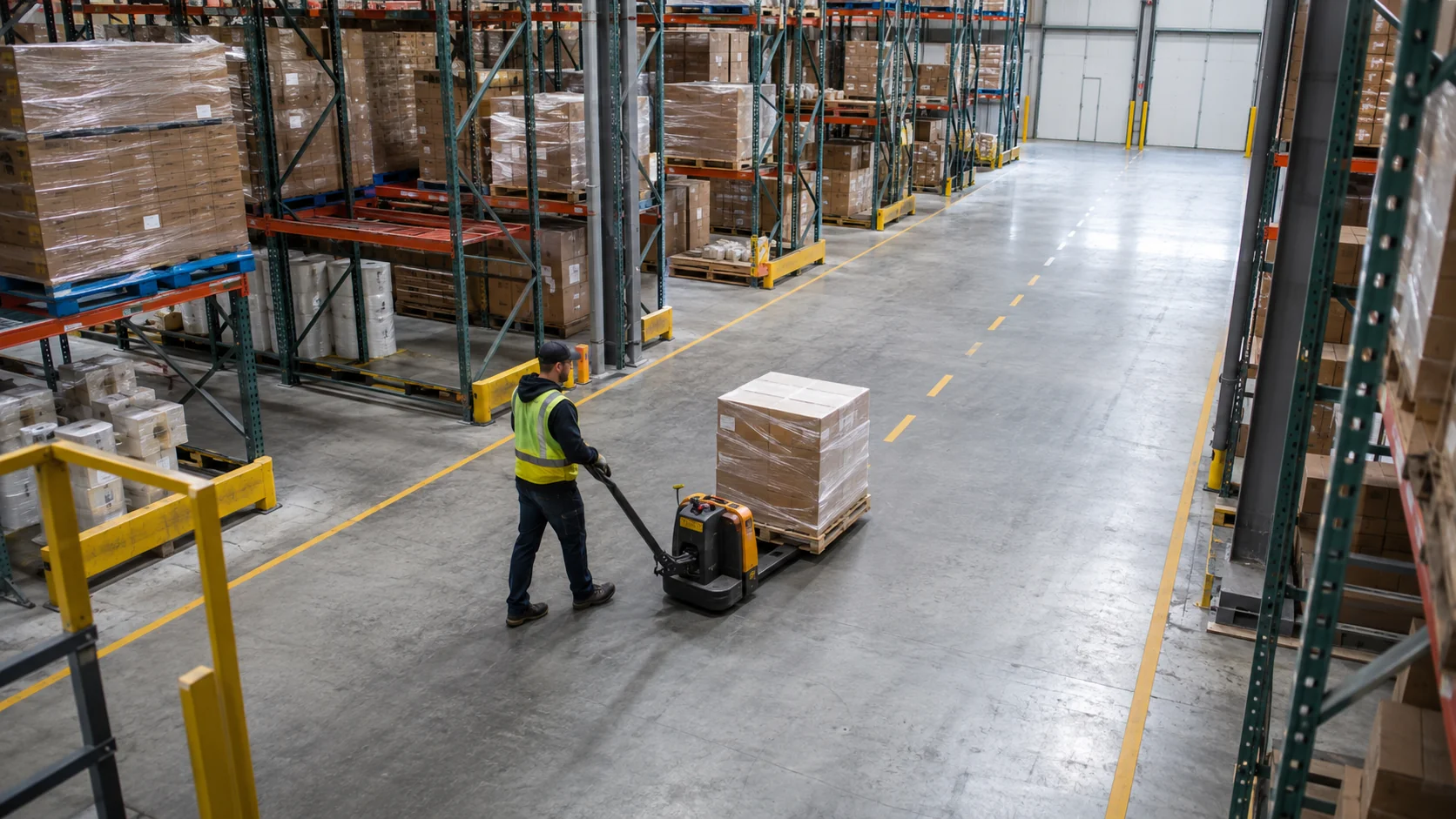 Warehouse worker moving a wrapped pallet through a clear cross-aisle
